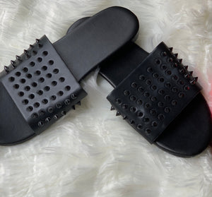 Women Black Flat Sandal With Gold Spikes