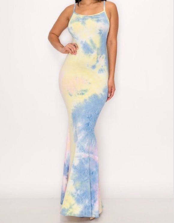 Tie Dye Print Sleeveless Body Con Maxi Dress